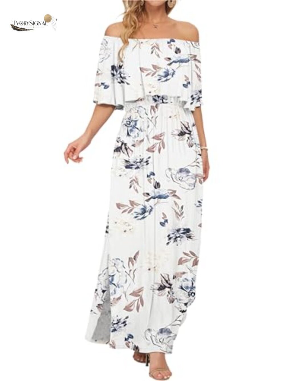 Off Shoulder Ruffle Split Summer Maxi Dress with Pockets - Picture 2 of 6